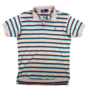 Polo Ralph Lauren Striped Polo Shirt Mens L Tan Green Black Cotton Casual VTG
